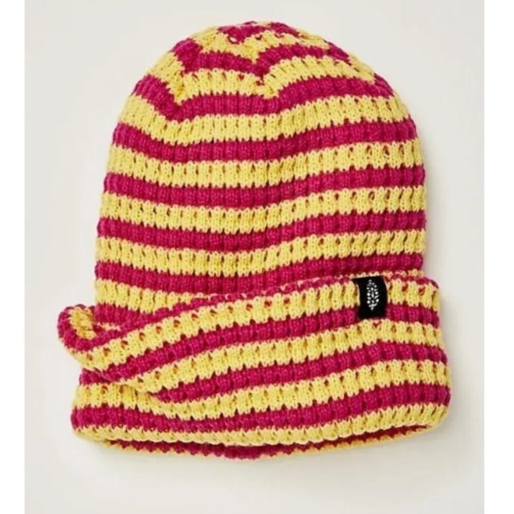 NWT Free People Stripe It up Cool Down Beanie, Pink Lemonade Yellow & Pink | OS
